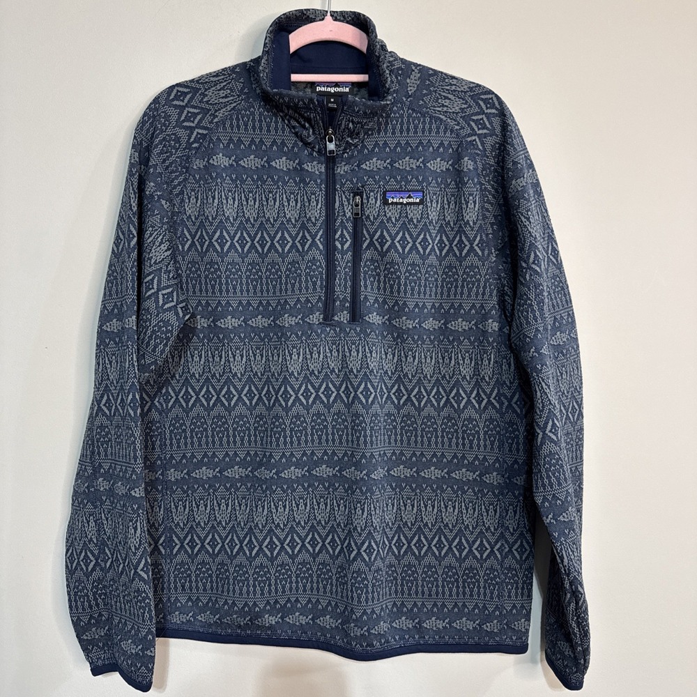 Patagonia Mens Falconer Legend Fish Print Blue Size M 1/4 Zip #131